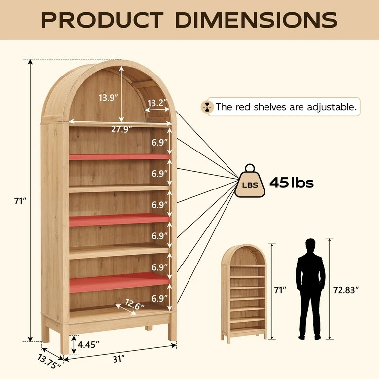 SinCiDo Tall Arched Bookshelf, 7-Tier Open Shelf Bookcase, Medium Density Fiberboard | Walmart (US)
