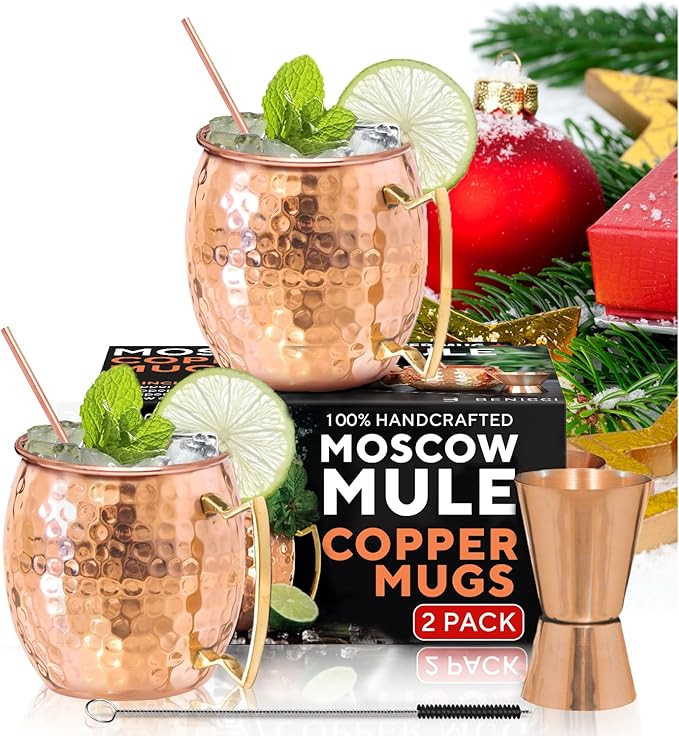 Benicci Moscow Mule Copper Mugs - Set of 2, 100% HANDCRAFTED - Food Safe Pure Copper Solid Mugs -... | Amazon (US)