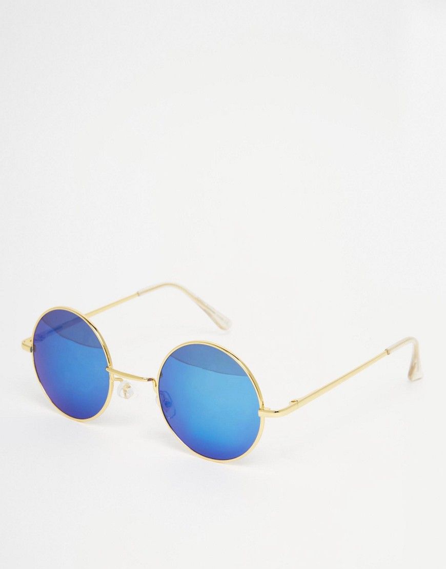 7X Round Sunglasses Gold With Blue Revo Lenses - Gold | ASOS US