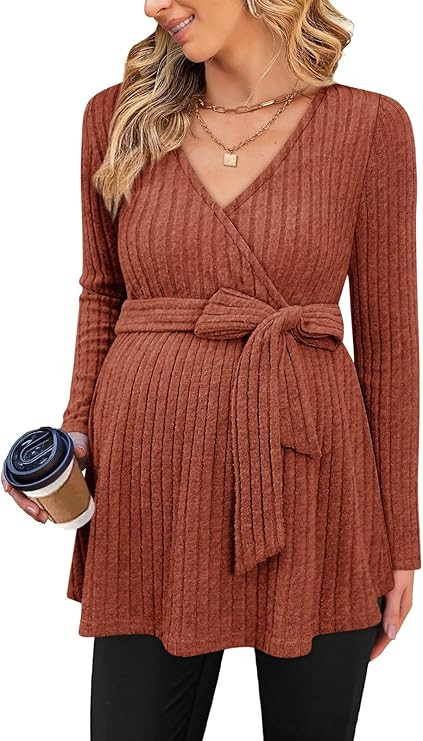 Womens Maternity Shirts Long Sleeve Pregnancy Tops Casual V Neck Ribbed Knit Pregnant Blouses | Amazon (US)