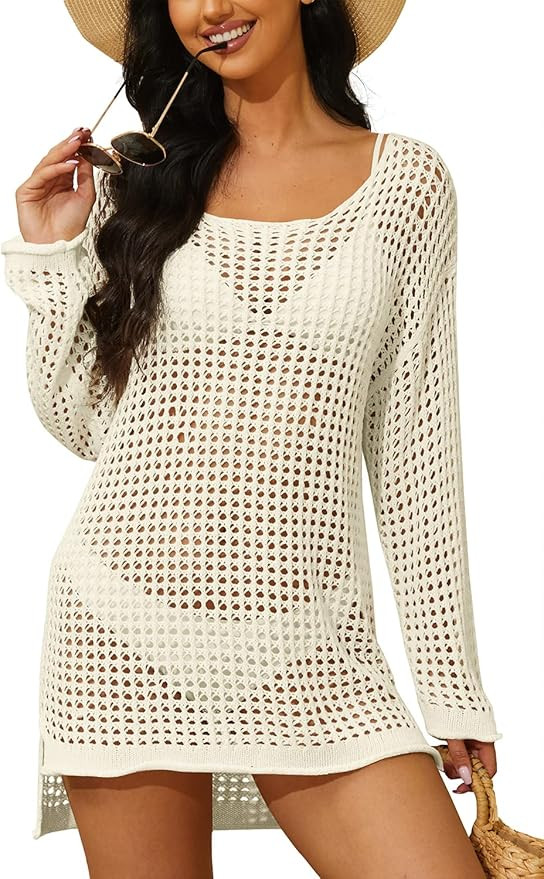 Jumppmile Women Crochet Cover Up Hollow Out Long Sleeve Bathing Suit Swimsuit Cover Up Tops | Amazon (US)