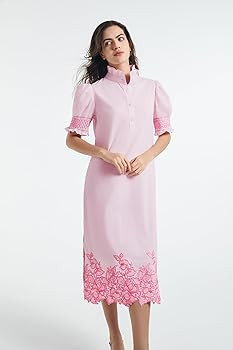 Womens Casual Shirt Dress Button Down Short Sleeve Midi Dress Flower Embroidery Slit Spring Summe... | Amazon (US)