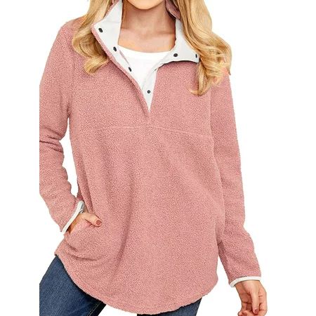 LMart Women Lapel Collar Long Sleeves Fleece Pullover Blouse Outwear | Walmart (US)