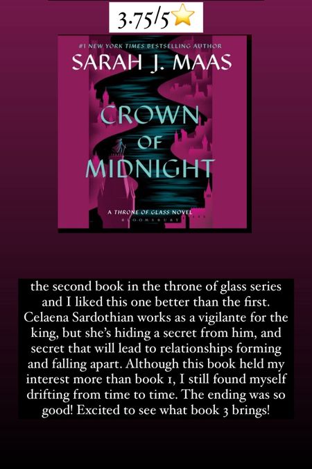 65. Crown of Midnight by Sarah J Maas :: 3.75/5⭐️ the second book in the throne of glass series and I liked this one better than the first. Celaena Sardothian works as a vigilante for the king, but she’s hiding a secret from him, and secret that will lead to relationships forming and falling apart. Although this book held my interest more than book 1, I still found myself drifting from time to time. The ending was so good! Excited to see what book 3 brings!

#LTKHome #LTKTravel