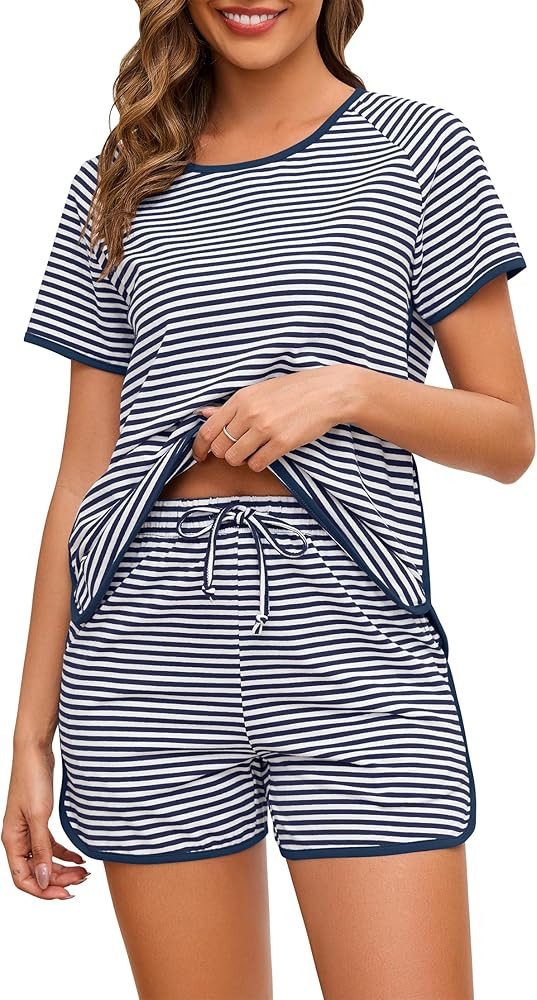 Cotton Pajama Sets for Women 2 Piece Lounge Set Stripe Pj Set Loungewear Short Sleeve Top and Sho... | Amazon (US)
