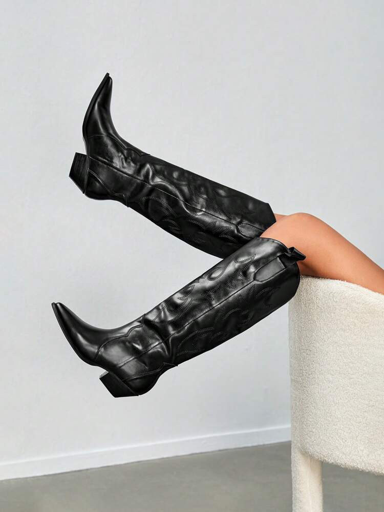 CUCCOO Trending Stitch Detail Slip-On Heeled Western Boots | SHEIN