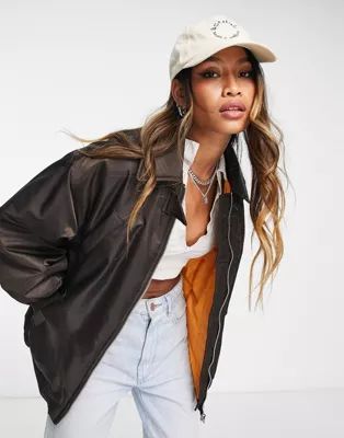Topshop oversized collared bomber jacket in chocolate | ASOS (Global)