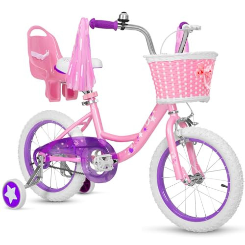 WEIZE Girls Bike for 3-5 Years Old Kids, 14 Inch Kids Bike with Training Wheels, Streamers, Basket and Doll Seat, Children Bicycles with Coaster Brake, Pink | Amazon (US)
