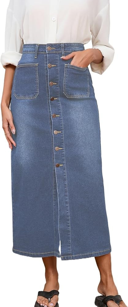Women's Casual Slit Denim Midi Jean Skirt Stretch High Waisted Button Up Frayed with Pockets | Amazon (US)