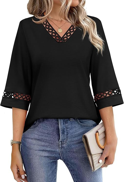 WIHOLL Womens Tops Eyelet Lace V Neck Bell Sleeve Blouses Dressy Casual Work Shirt 2026 Summer Sp... | Amazon (US)