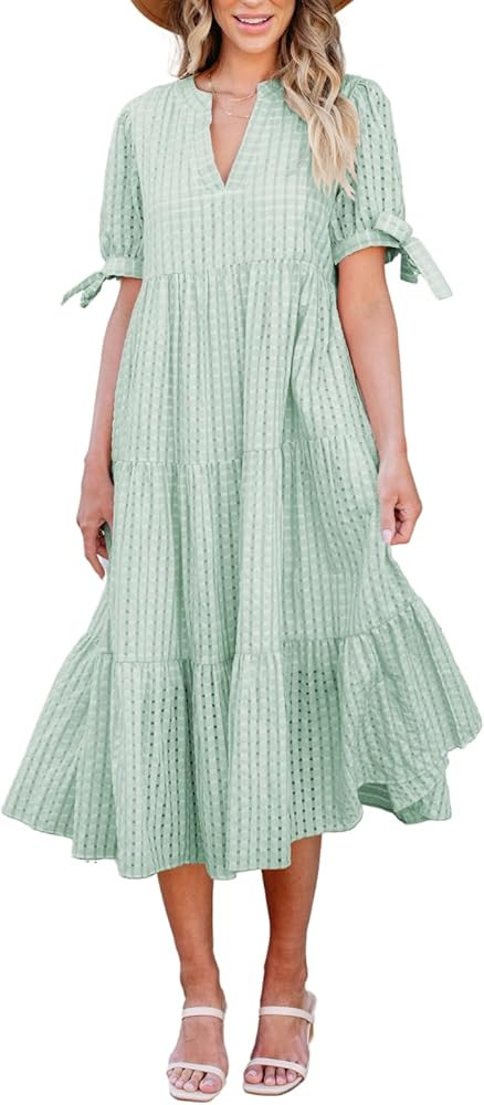 Theenkoln Womens Casual Midi Dress: Short Sleeve V-Neck Empire Waist Gingham Spring Fashion Long ... | Amazon (US)