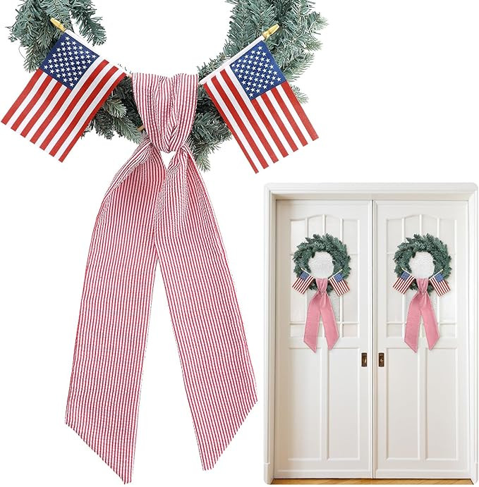 2 Set of Patriotic Wreath Sashes with Flags for Front Door, 56" x 4.5" Red White and Blue Stripe ... | Amazon (US)