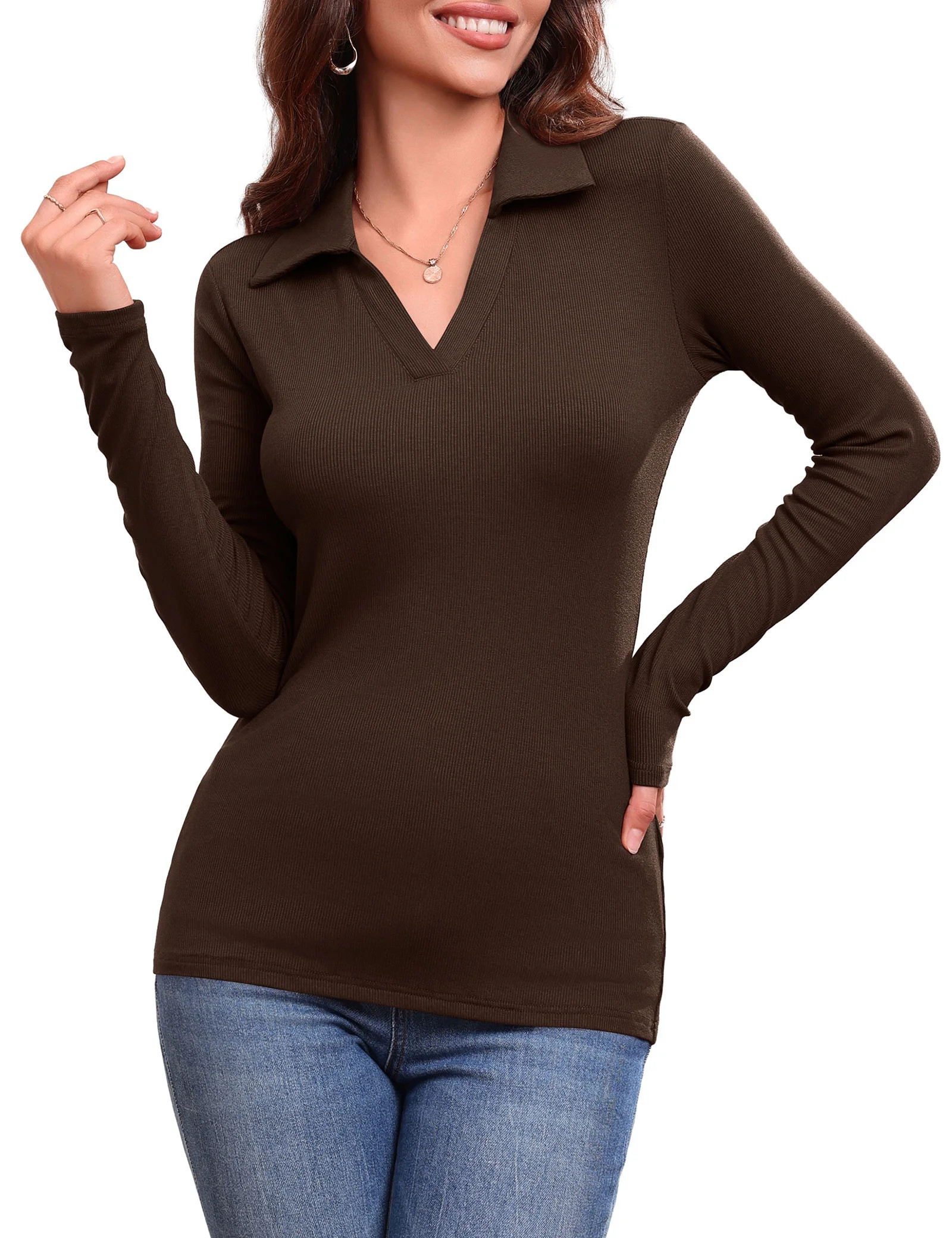 JYLFC Women's Long Sleeve Polo V Neck T Shirts Fall Ribbed Knit Slim Fitted Collared Tops, Brown ... | Walmart (US)