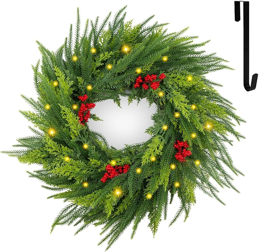 26 inch Large Norfolk Pine Wreath for Front Door with Lights, Artificial Norfolk Christmas PineWr... | Amazon (US)