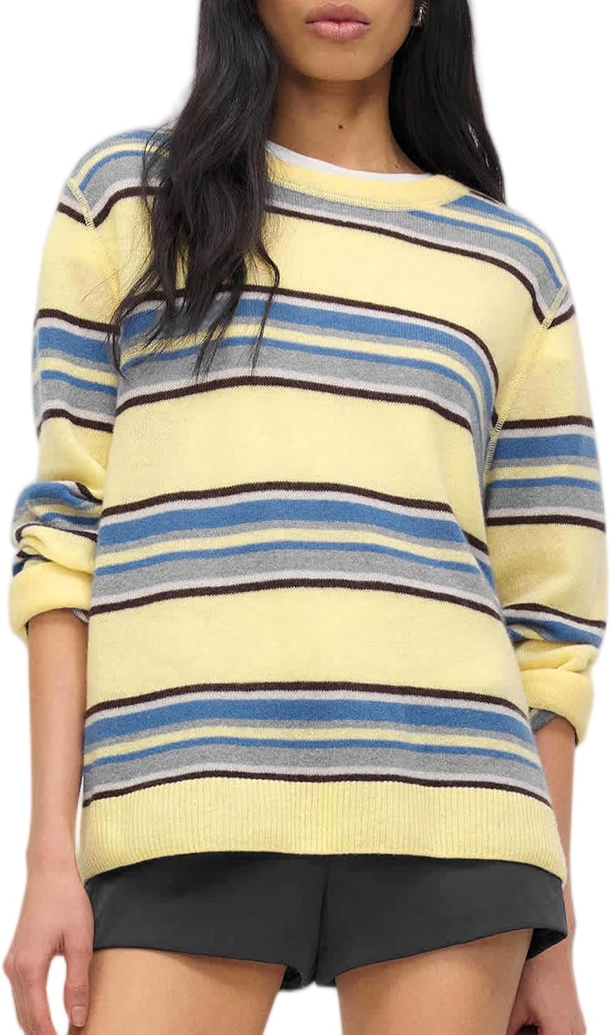 Hixiaohe Womens Casual Striped Sweater Pullover Vintage Crew Neck Long Sleeve Ribbed Knit Tops Comfy Soft Loose Fall Jumper | Amazon (US)