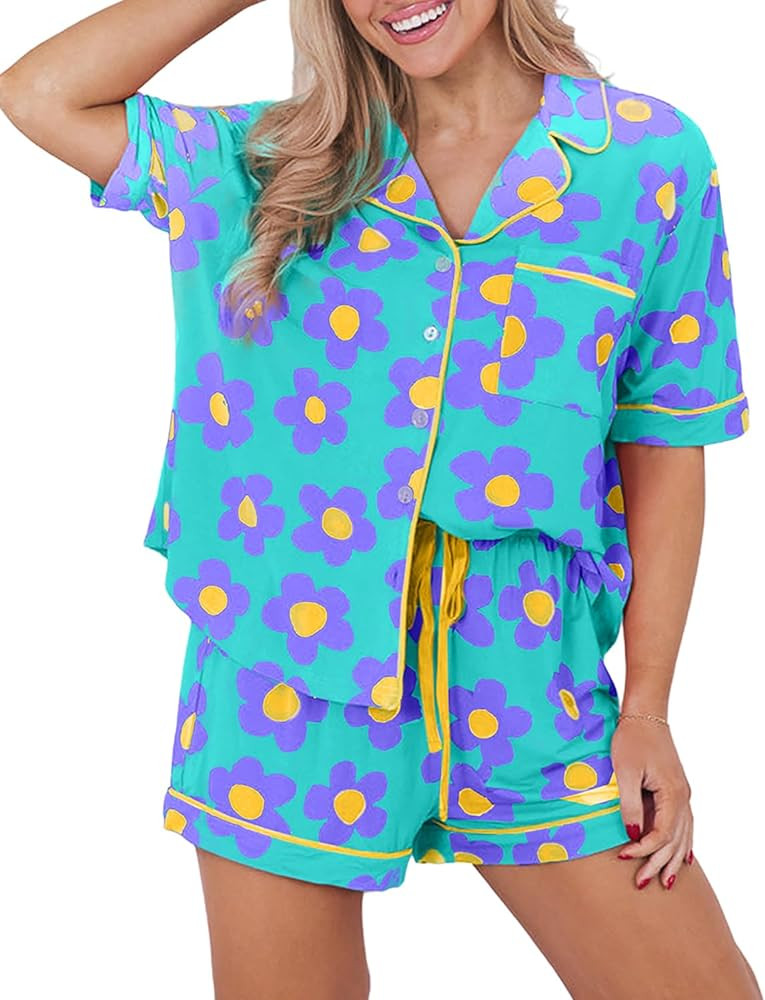 KevaMolly Womens Floral Pajama Set 2026 Summer Flower Print Sleepwear with Notch Collar and Draws... | Amazon (US)