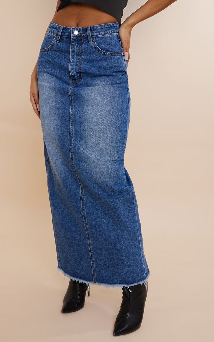 Mid Blue Wash Raw Hem Denim Maxi Skirt | PrettyLittleThing US