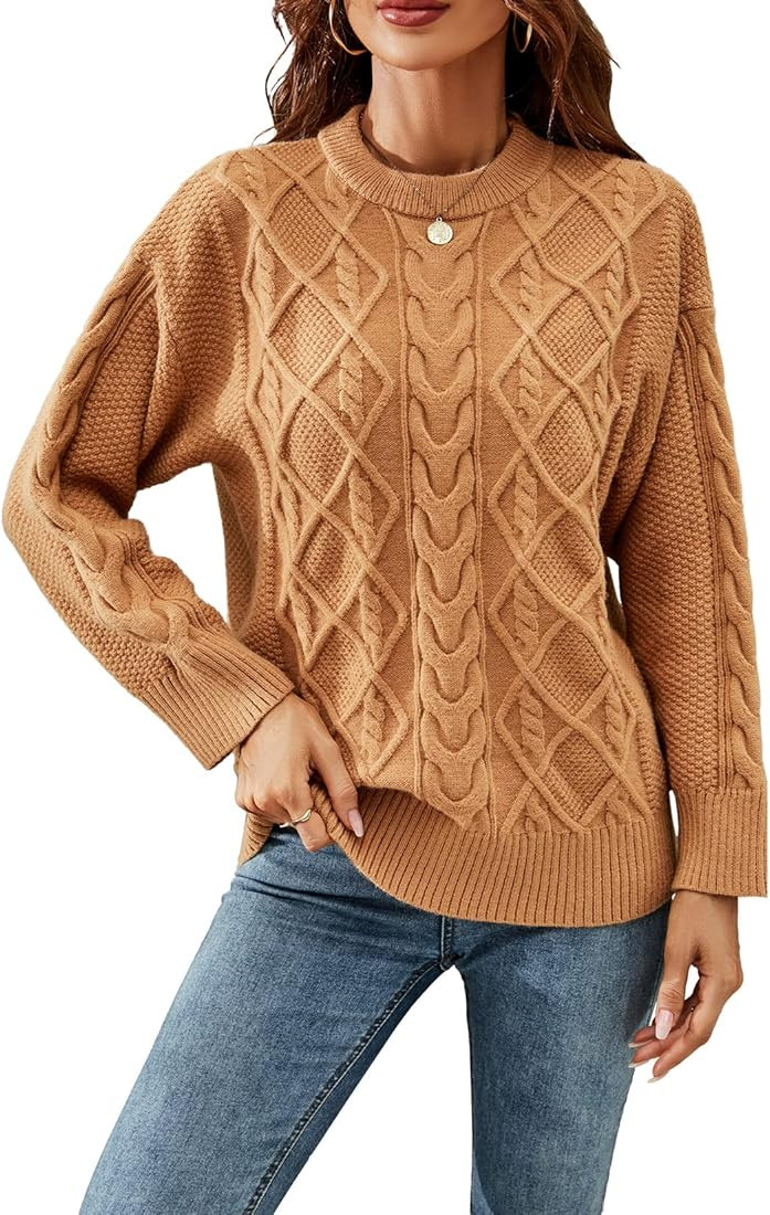 Women's Crew Neck Long Sleeve Oversized Cable Knitted Sweater Loose Chunky Casual Pullover Jumper... | Amazon (US)