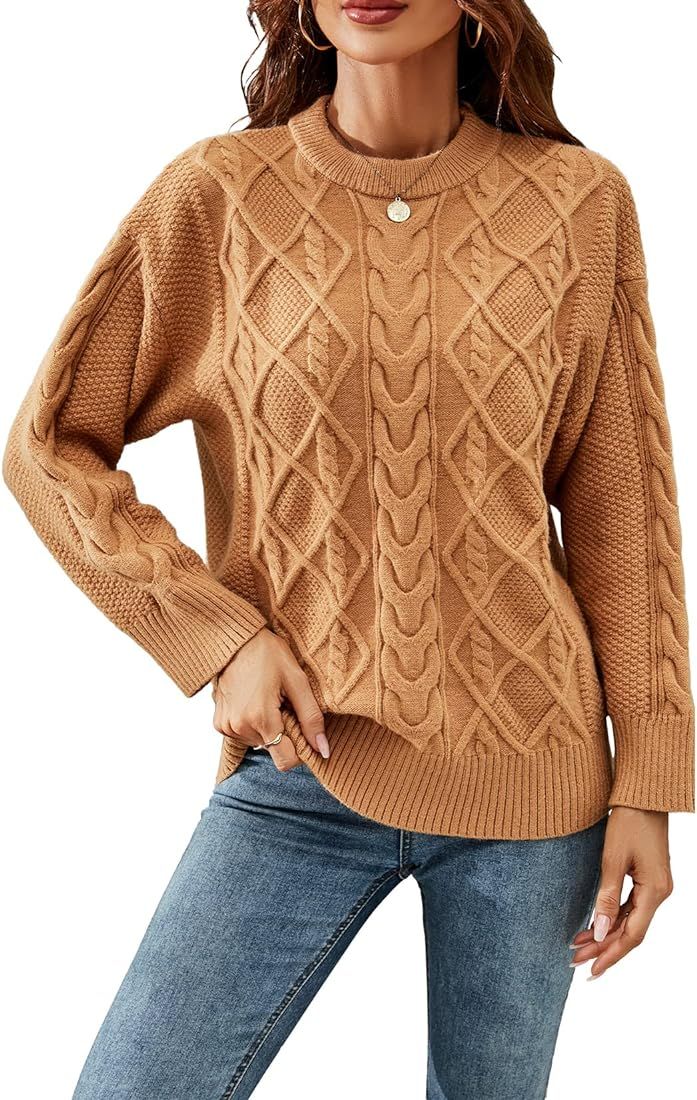 Women's Crew Neck Long Sleeve Oversized Cable Knitted Sweater Loose Chunky Casual Pullover Jumper... | Amazon (US)