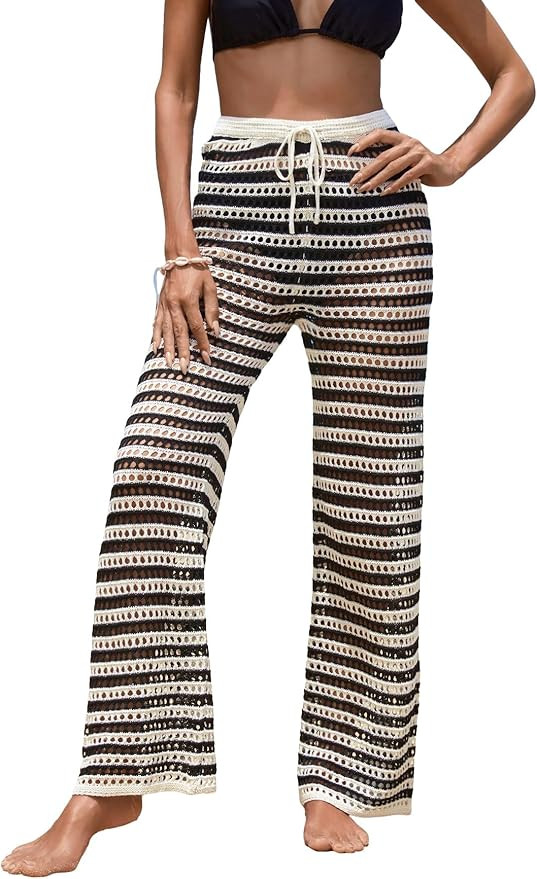 MakeMeChic Women's Cover Up Pants Drawstring Crochet Knitted Sheer Beach Cover Up Pants Swimwear | Amazon (US)