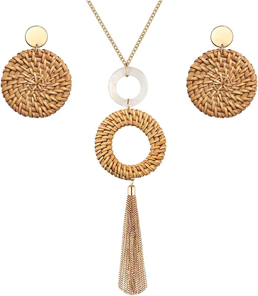 Long Necklace and Rattan Earrings Set for Women Handmade Long Tassel Rattan Necklace Wicker Earri... | Amazon (US)