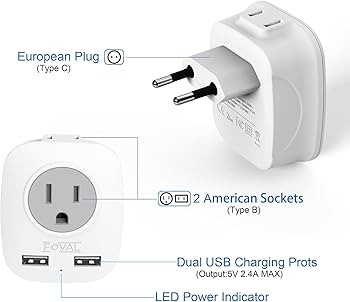 European Plug Adapter, Foval International Travel Power Adaptor with 2 USB, 4 in 1 US to Europe T... | Amazon (US)