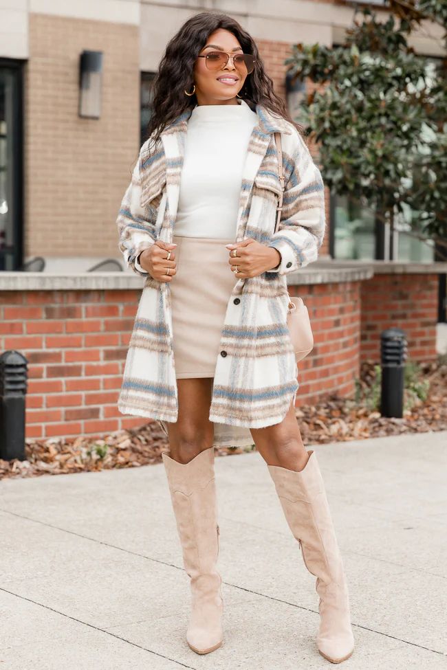 Heard About Us Blue and Tan Plaid Long Shacket | Pink Lily