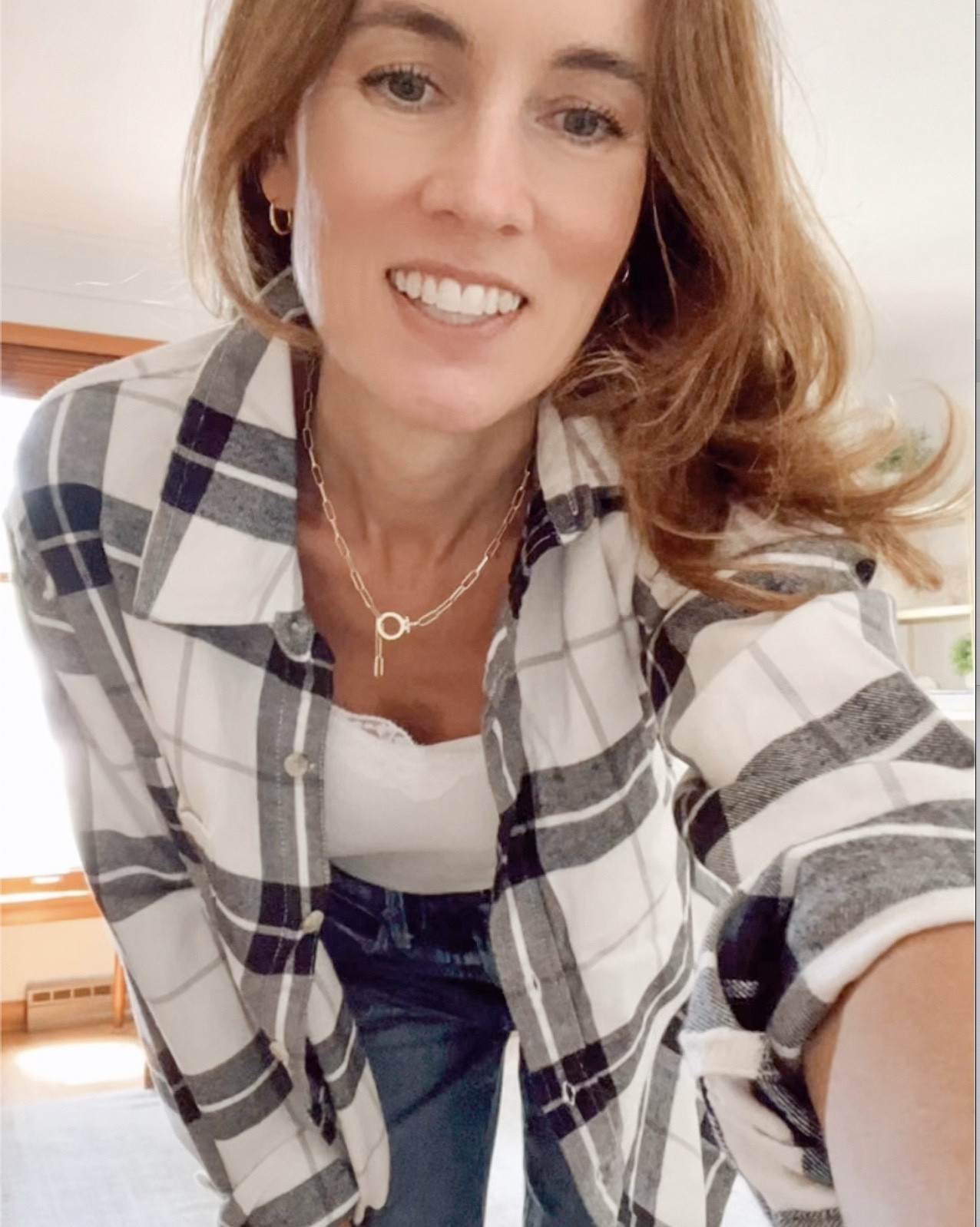 Sharing my "fit" check what I am wearing today - from over 50 year old - perfect for a cooler late summer/fall day:  
Lace trim tank top from Old Navy for only $7 (wearing XS - TTS)
Black and white flannel plaid shirt from American Eagle on sale for $15 (wearing XS - TTS)
Dark wash straight/barrel jeans from Pistola - favorite for 2 years
My favorite gold necklace from Gorjana
#gorjana #oldnavy #over50style #under25 #fitcheck

#LTKOver40 #LTKStyleTip #LTKFindsUnder50