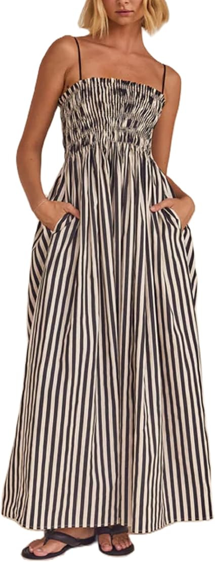 Vestido largo a rayas para mujer, con tirantes delgados, espalda descubierta, vestido largo fluid... | Amazon (US)