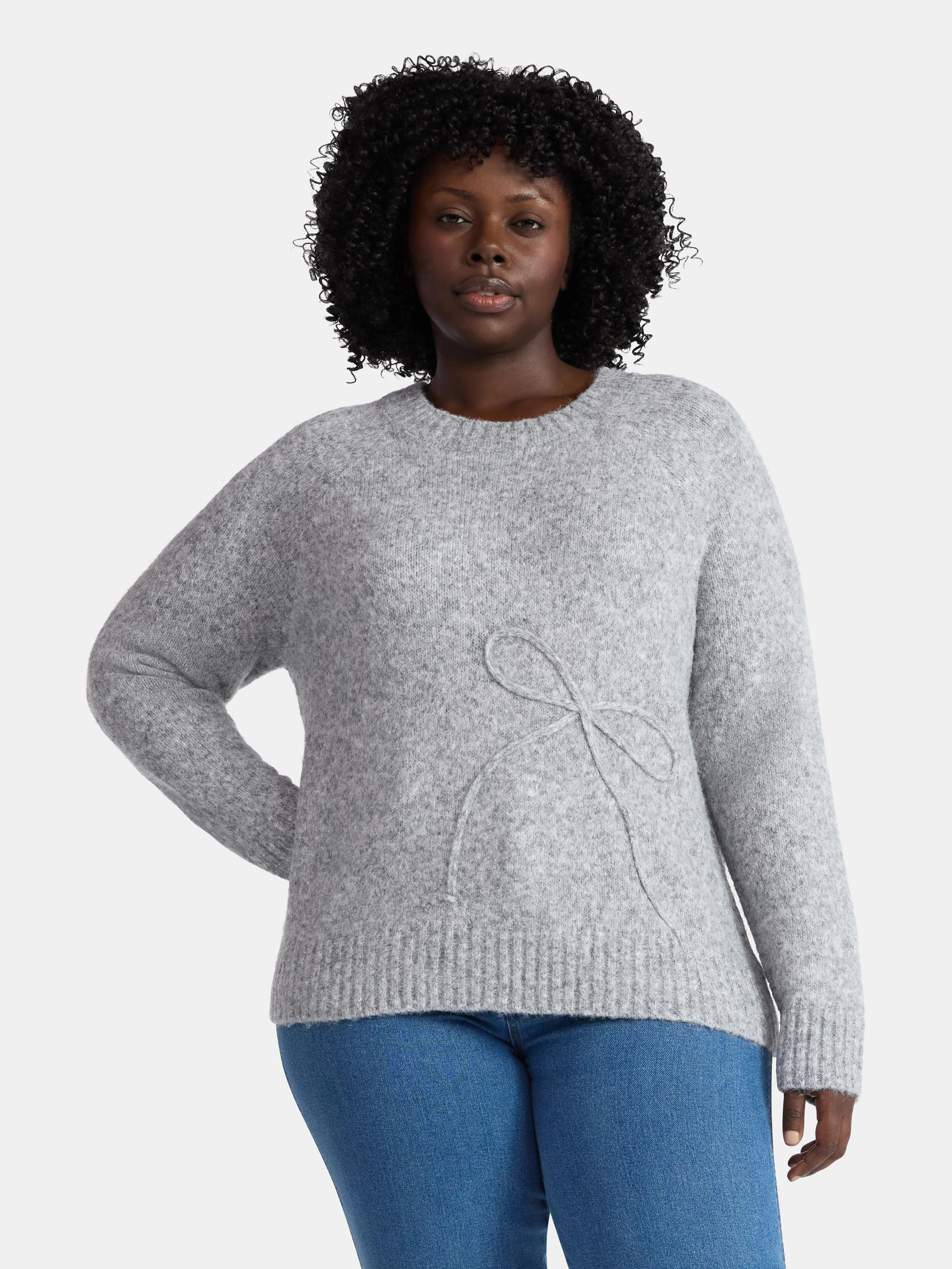Terra & Sky Women’s Plus Bow Stitch Crewneck Sweater, Lightweight, Sizes 0X-4X | Walmart (US)