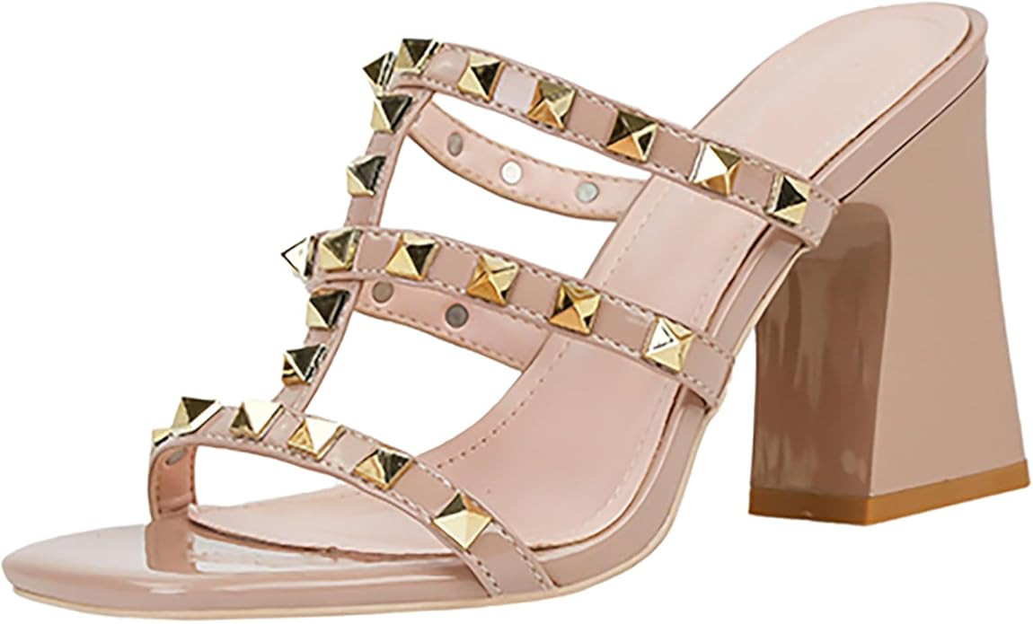Women'S Leather T-Strap Strappy Studded Chunky Heel Slide Sandals Fashion Multi Band Square Toe O... | Amazon (US)