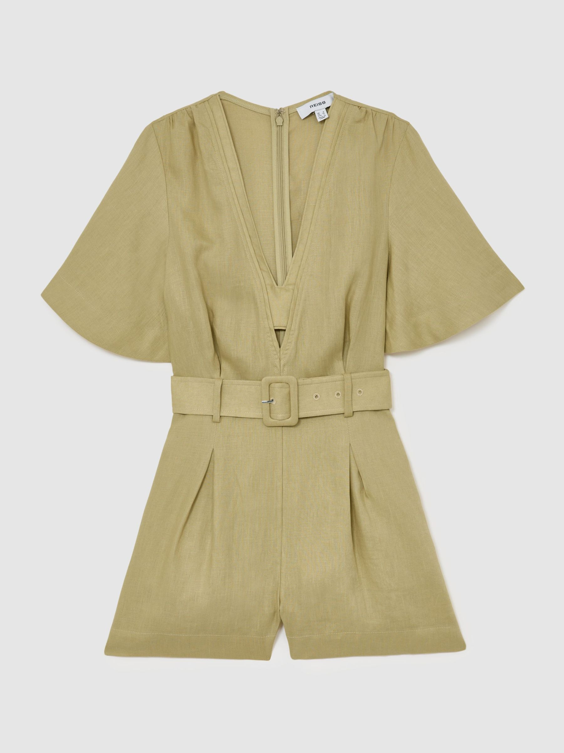 Reiss Linen Short-Sleeve Belted Playsuit in Green | REISS | Reiss US