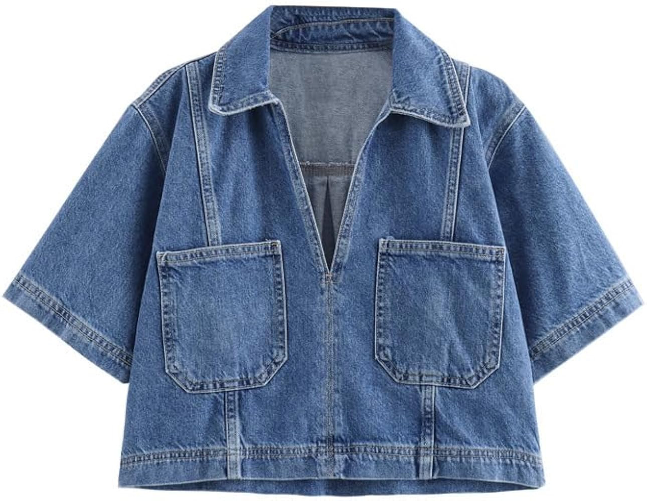 Womens V Neck Denim Crop Tops Summer Y2k Going Out Jean Shirts Women's Short Sleeve Cropped Shirt... | Amazon (US)
