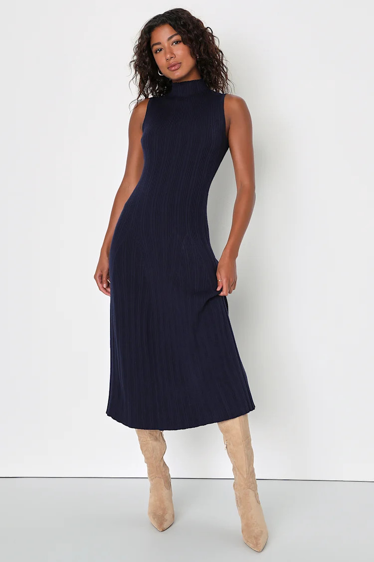 Easily Aesthetic Navy Blue Ribbed Knit Mock Neck Midi Dress | Lulus