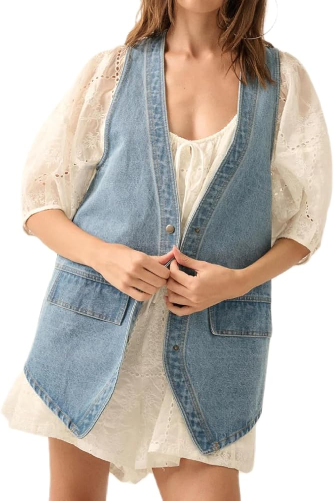 Women Western Baggy Denim Vest Button Down Sleeveless Back Slit Distressed Jean Jacket Vintage Lo... | Amazon (US)