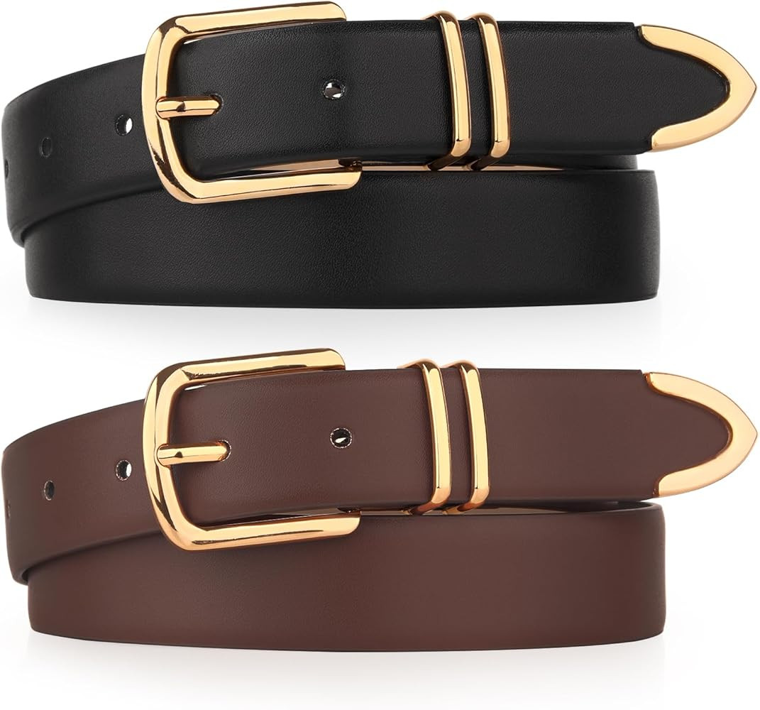 Monoluxe Pack 2 Women Belts for Ladies Jeans Pants with Fashion Faux Leather Gold Buckle | Amazon (US)