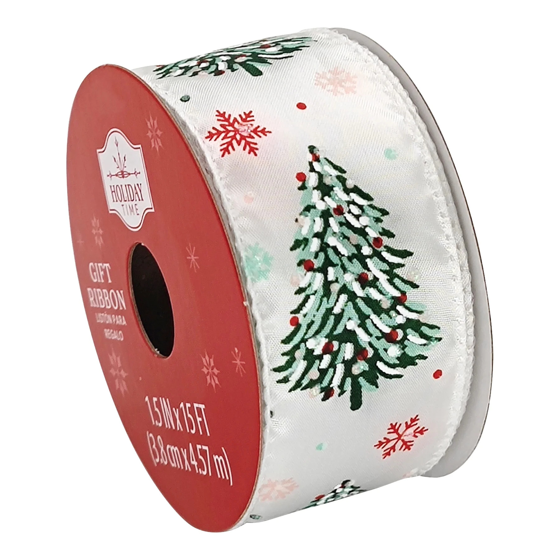 White Christmas Tree Wired Gift Ribbon, 1.5 in x 15 ft, by Holiday Time | Walmart (US)