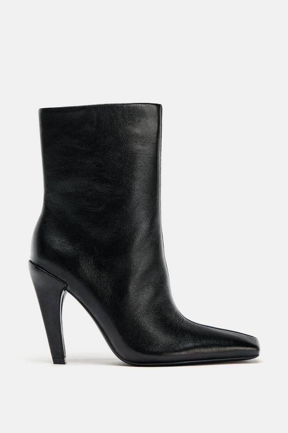 SQUARE TOE LEATHER HIGH HEEL ANKLE BOOTS | Zara US