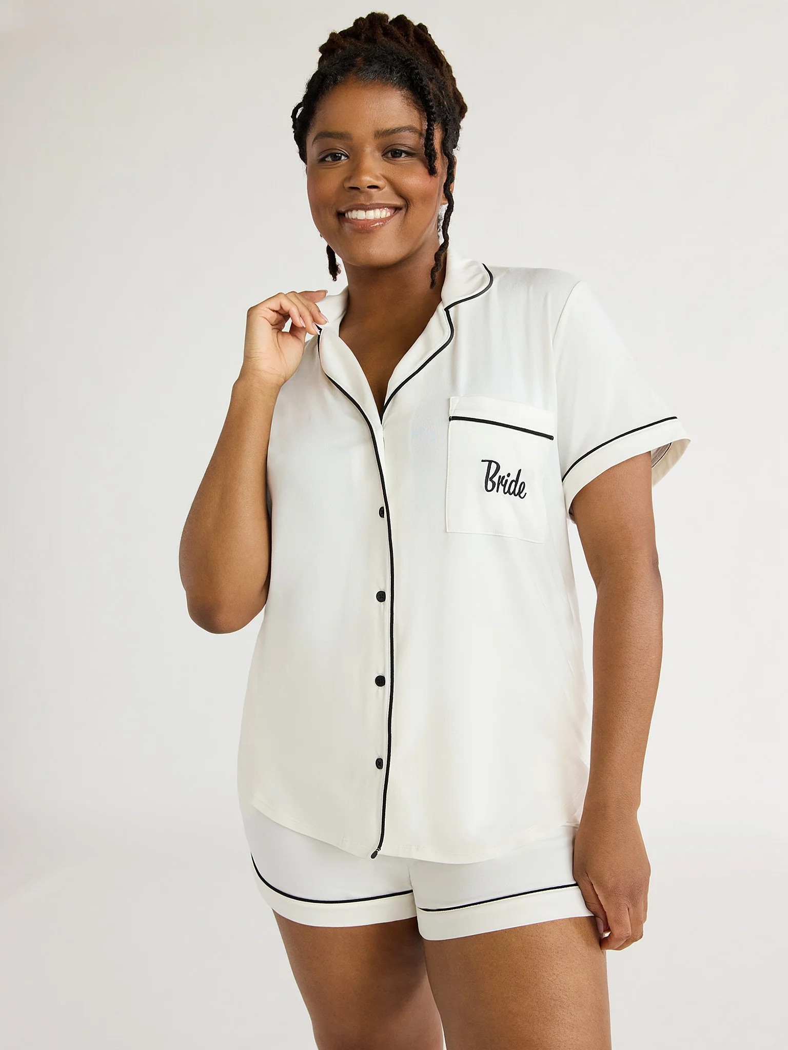 Joyspun Women's Knit Bridal Short Sleeve Notch Collar Top and Shorts Pajama Set, 2-Piece, Sizes X... | Walmart (US)