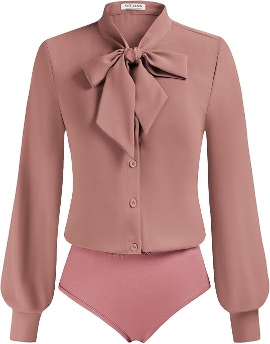 Kate Kasin Women Bow Tie Neck Blouse, Button Down Long Sleeve Bodysuits Top | Amazon (US)