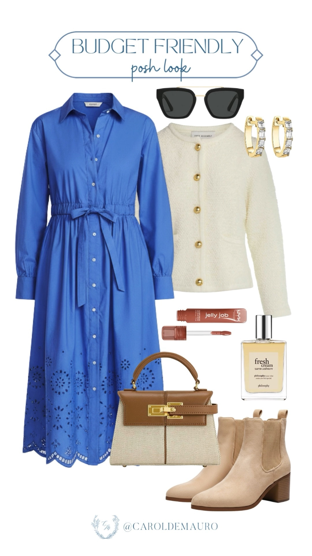 You can still look posh wearing this budget-friendly outfit! Love the color of this blue eyelet-embroidered shirt dress and cream cardigan paired together. Wear suede booties and some sleek accessories to finish it off.

affordable style, preppy outfit, quiet luxury, clean girl aesthetic, timeless fashion, sophisticated look, elegant outfit, style inspo

#LTKU #LTKBeauty #LTKSeasonal