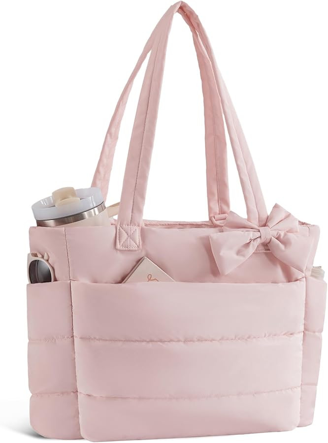 Puffer Tote Bag for Women, Quilted Bow Tote Bag with Cup Holder & 15.6 In Laptop Compartment for ... | Amazon (US)