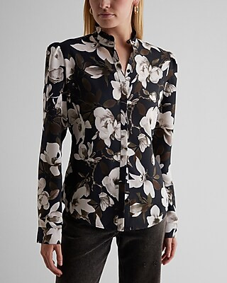 Floral Ruffle Neck Relaxed Portofino Shirt | Express