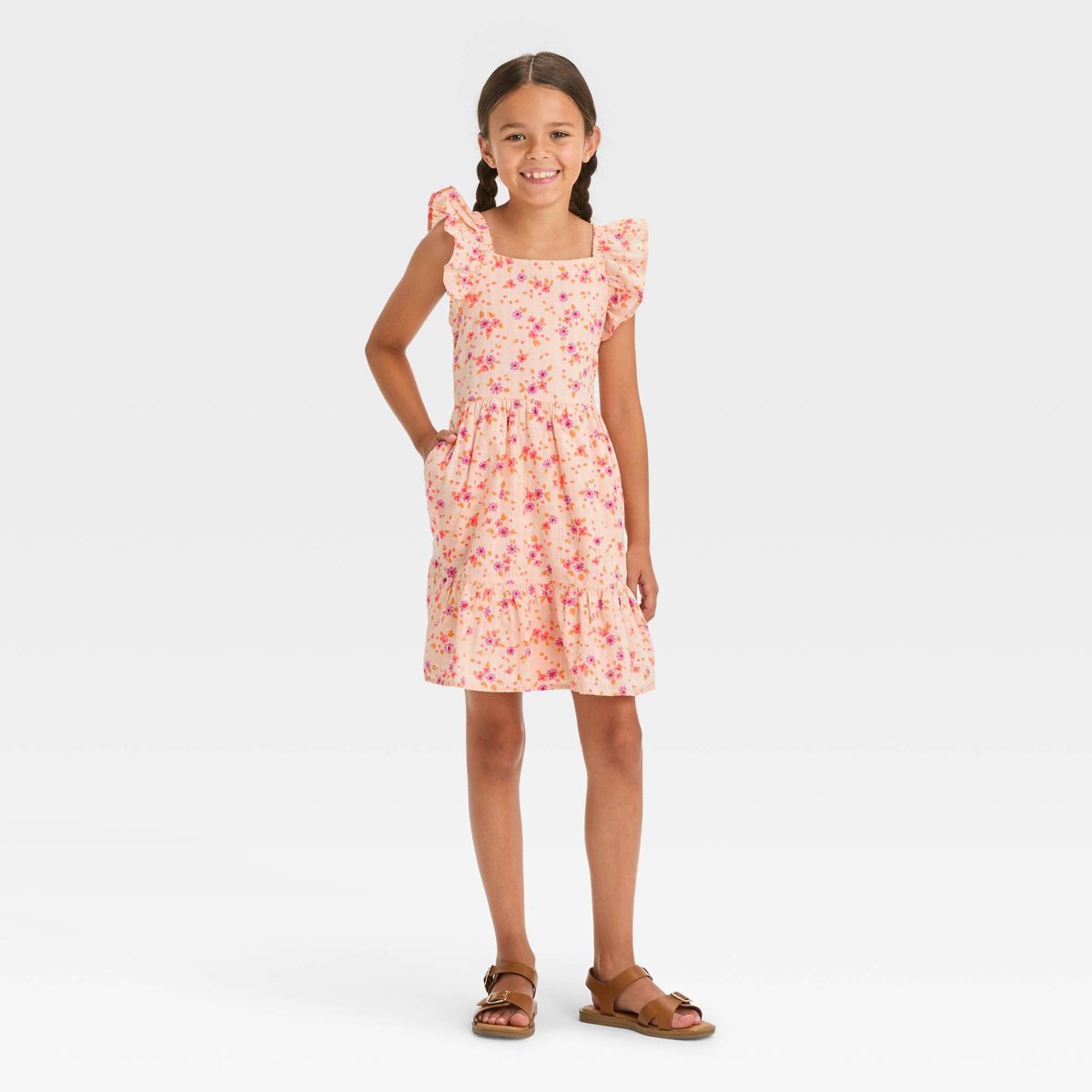 Girls' Flutter Sleeve Floral Woven Dress - Cat & Jack™ Peach Orange S | Target