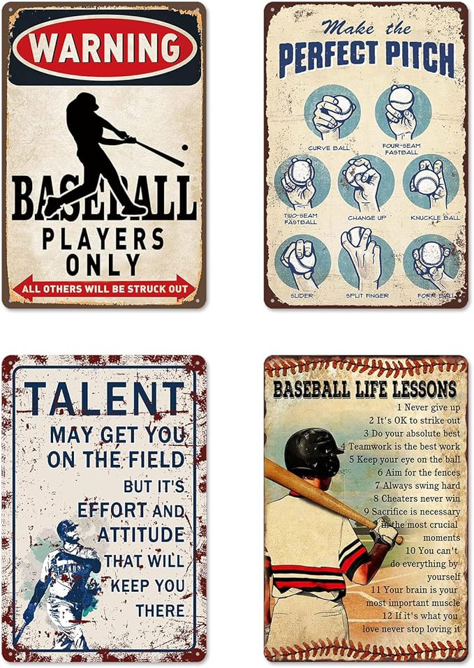 4 Pcs Baseball Metal Tin Signs Baseball Room Decor for Boys Vintage Sports Wall Art for Men Baseb... | Amazon (US)