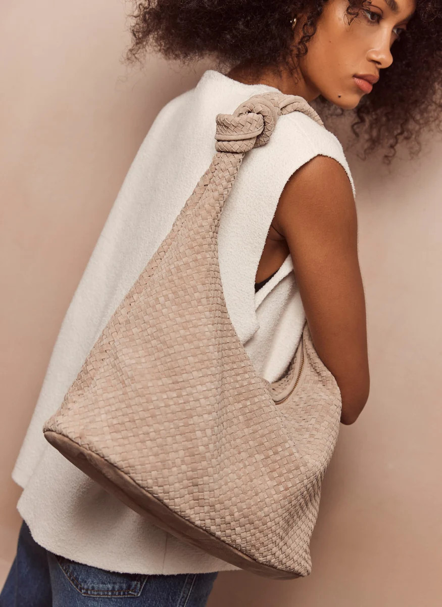 Neutral Suede Woven Knot Handle Bag | Mint Velvet