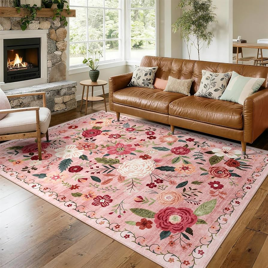 5x7 Washable Area Rug for Living Room, Floral Non-Slip Non-Shedding & Easy Care, Soft Low Pile Bo... | Amazon (US)