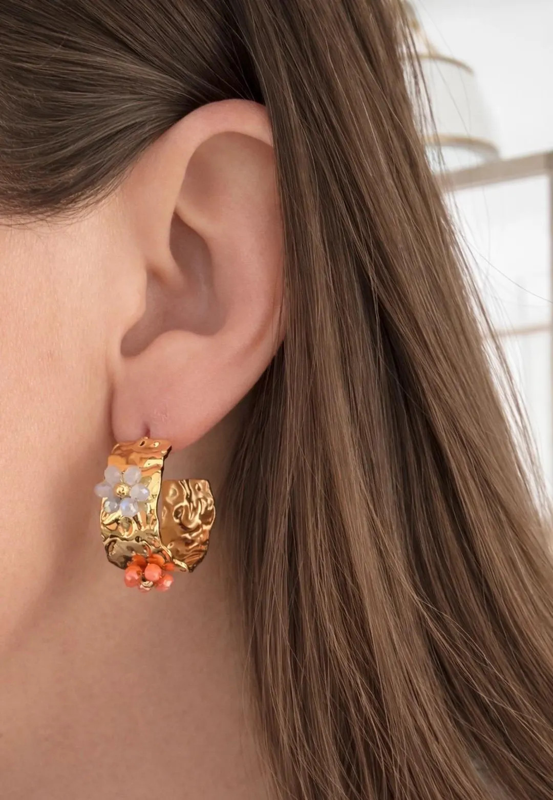 Gold Floral Huggie Hoop Earrings | Textured Statement Hoops With Beaded Flowers in Stainless Stee... | Etsy (US)