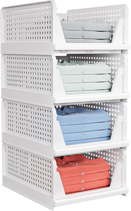 4 Pack Stackable Closet Storage Basket - Stackable Storage Bins, Multifunctional & Foldable Close... | Amazon (US)