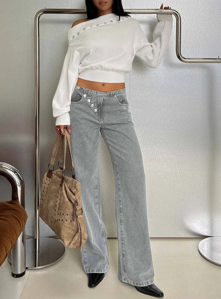 Pipper Asymmetrical Button Up Jeans Grey Wash | Princess Polly US